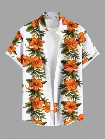 Plus Size Tropical Leaf Hibiscus Flower Print Buttons Pocket Hawaii Shirt For Men - WHITE - 4XL