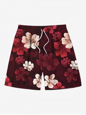 Plus Size Ombre Floral Print Hawaii Drawstring Beach Shorts For Men - DEEP RED - 8XL