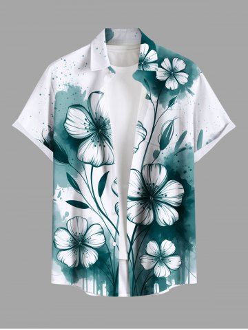 Plus Size Ink Painting Splatter Floral Branch Print Hawaii Button Pocket Shirt For Men - GREEN - 6XL