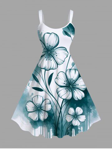 Plus Size Ink Painting Splatter Floral Branch Print Hawaii A Line Tank Dress - GREEN - 2X