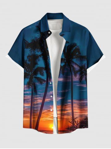 Plus Size Coconut Tree Ombre Dusk Print Hawaii Button Pocket Shirt For Men - BLUE - M