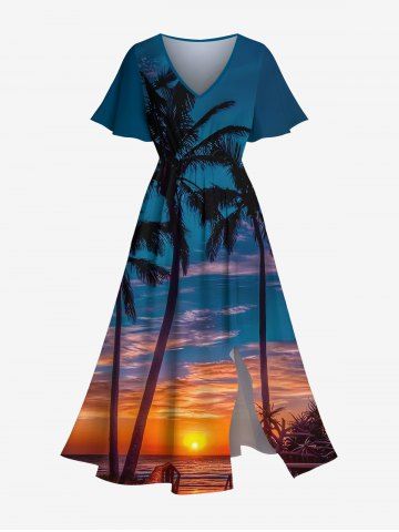 Plus Size Coconut Tree Ombre Dusk Print Hawaii Split Pocket A Line Midi Dress - BLUE - 4X