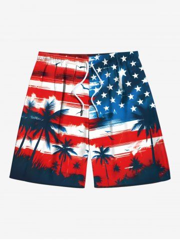 Plus Size Patriotic American Flag Coconut Tree Print Hawaii Beach Shorts For Men - RED - 8XL