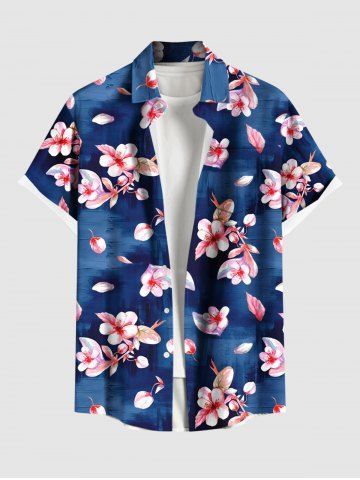 Plus Size Floral Petal Leaves Print Hawaii Ombre Button Pocket Shirt For Men - BLUE - S