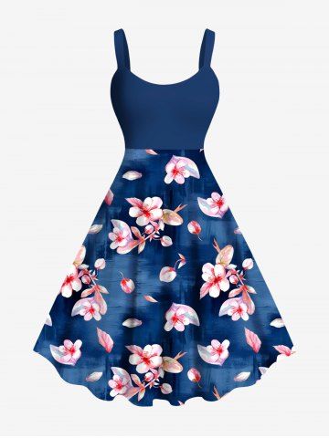 Plus Size Floral Petal Leaves Print Hawaii Ombre A Line Tank Dress - BLUE - 6X