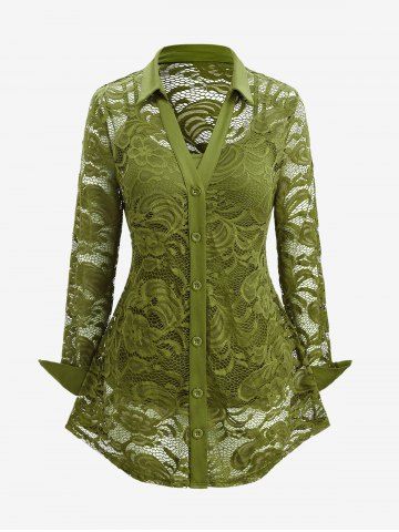 Plus Size Lace Flower Sheer Blouse and Cami Top Set - LIGHT GREEN - 5X | US 30-32