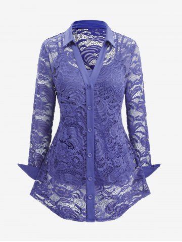 Plus Size Lace Flower Sheer Blouse and Cami Top Set - LIGHT PURPLE - L | US 12