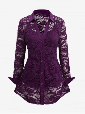 Plus Size Lace Flower Sheer Blouse and Cami Top Set - DULL PURPLE - 1X | US 14-16