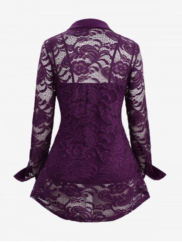 Plus Size Lace Flower Sheer Blouse and Cami Top Set