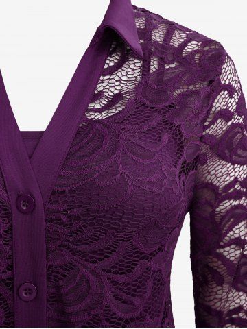 Plus Size Lace Flower Sheer Blouse and Cami Top Set