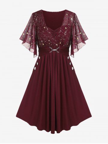 Plus Size Stars Print Buckle Button Pockets Ruched Butterfly Sleeves Dress - RED - L | US 12