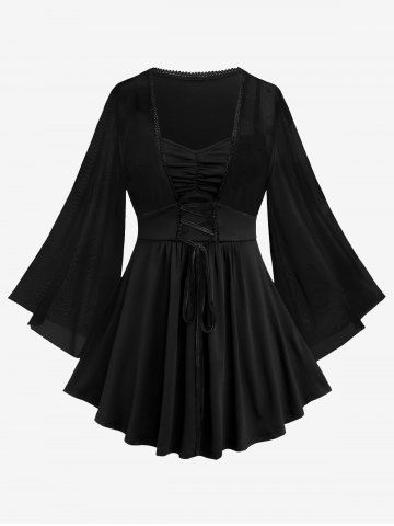 Plus Size Ink Painting Mesh Flare Sleeves Lace Up Ruched T-shirt - BLACK - 5X | US 30-32