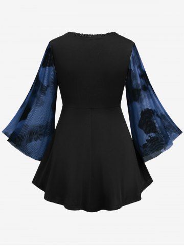 Plus Size Ink Painting Mesh Flare Sleeves Lace Up Ruched T-shirt