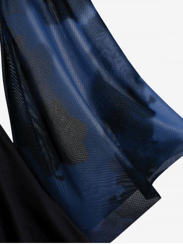 Plus Size Ink Painting Mesh Flare Sleeves Lace Up Ruched T-shirt