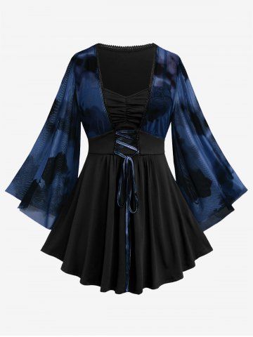 Plus Size Ink Painting Mesh Flare Sleeves Lace Up Ruched T-shirt - DEEP BLUE - 2X | US 18-20