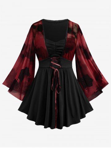 Plus Size Ink Painting Mesh Flare Sleeves Lace Up Ruched T-shirt - DEEP RED - L | US 12