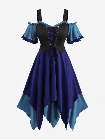 Gothic Plus Size Cold Shoulder Lace Up Layered Handkerchief Asymmetric Corset Dress - BLUE - 5X | US 30-32