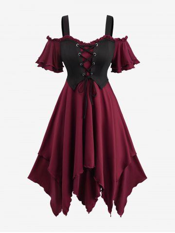 Gothic Plus Size Cold Shoulder Lace Up Layered Handkerchief Asymmetric Corset Dress - DEEP RED - 5X | US 30-32