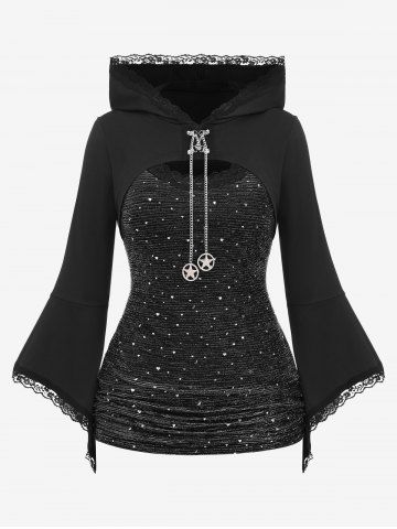 Plus Size Lace Trim Chains Textured Ruched Bell Sleeves Hooded T-shirt - BLACK - 5X | US 30-32