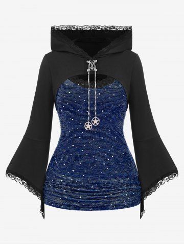 T-shirt à capuche texturé à manches cloche froncées et bordure en dentelle grande taille - DEEP BLUE - 5X | US 30-32