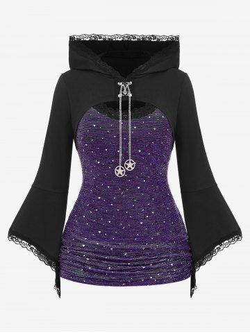 Plus Size Lace Trim Chains Textured Ruched Bell Sleeves Hooded T-shirt - CONCORD - 5X | US 30-32