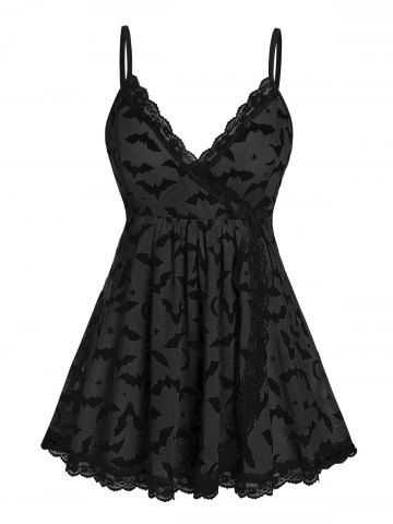 Plus Size Star Bat Moon Printed Lace Trim Mesh Lingerie Set(Adjustable Shoulder Strap) - BLACK - 4X | US 26-28