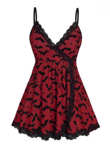 Plus Size Star Bat Moon Printed Lace Trim Mesh Lingerie Set(Adjustable Shoulder Strap) - RED - 5X | US 30-32