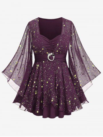 Plus Size Foil Stamping Star Print Buckle Ruched Sheer Layered T-shirt - COPPER - L | US 12