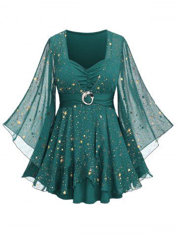 Plus Size Foil Stamping Star Print Buckle Ruched Sheer Layered T-shirt - TURQUOISE - 5X | US 30-32