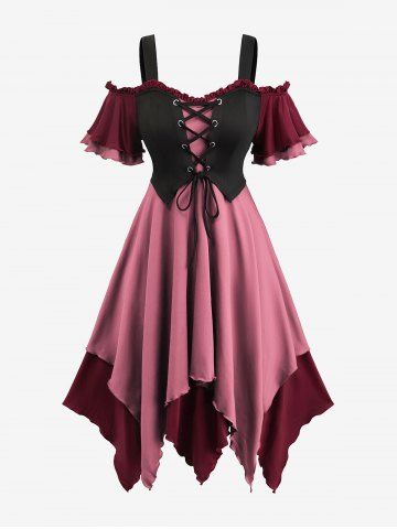 Gothic Plus Size Cold Shoulder Lace Up Layered Handkerchief Asymmetric Corset Renaissance Dress - LIGHT PINK - 4X | US 26-28