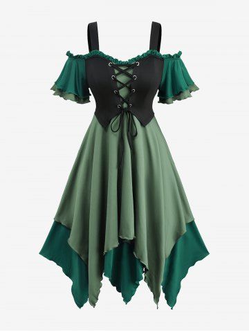 Gothic Plus Size Cold Shoulder Lace Up Layered Handkerchief Asymmetric Corset Renaissance Dress - LIGHT GREEN - 1X | US 14-16