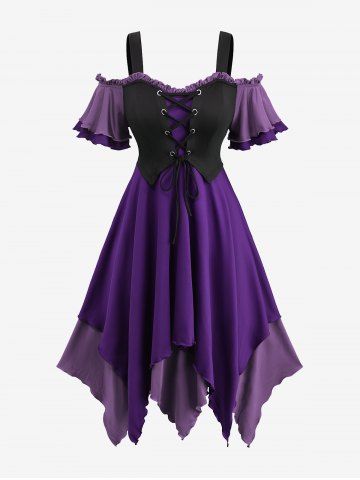 Gothic Plus Size Cold Shoulder Lace Up Layered Handkerchief Asymmetric Corset Renaissance Dress - PURPLE - 4X | US 26-28