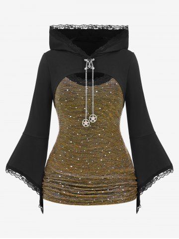 Plus Size Lace Trim Chains Textured Ruched Bell Sleeves Hooded T-shirt - YELLOW - 4X | US 26-28