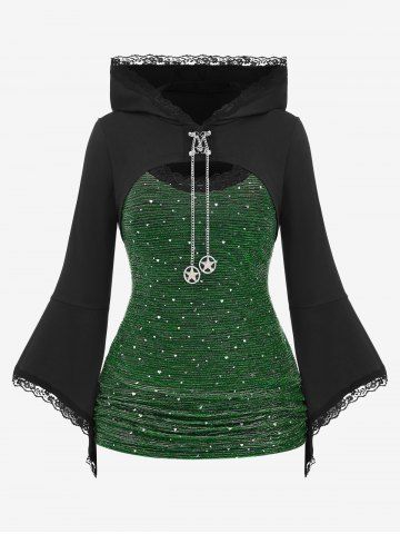 Plus Size Lace Trim Chains Textured Ruched Bell Sleeves Hooded T-shirt - TURQUOISE - L | US 12