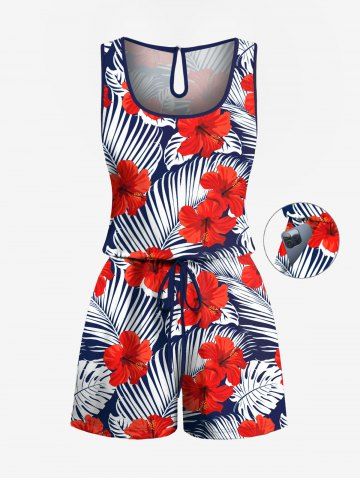 Combinaison hawaïenne grande taille à imprimé floral tropical et hibiscus, cintrée - RED - M