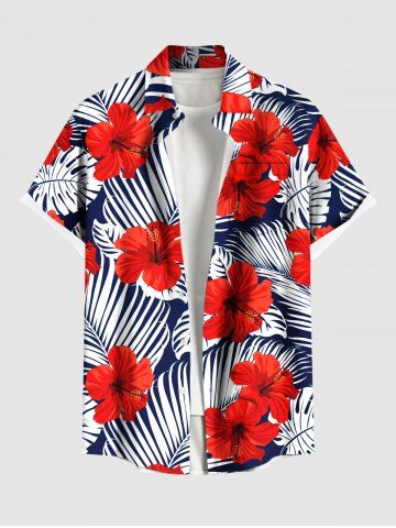 Plus Size Tropical Leaf Hibiscus Flower Print Buttons Pocket Hawaii Shirt For Men - RED - S