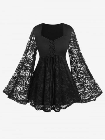 Witch Halloween Costume Lace Flare Sleeves Lace-up Two Tone T-shirt - MULTI - 2X | US 18-20