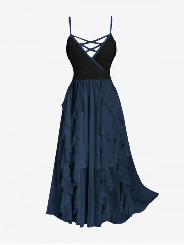 Plus Size Lace and Chiffon Ruffled Crisscross Maxi Sleeveless Wedding Dress - MIDNIGHT BLUE - 3X | US 22-24