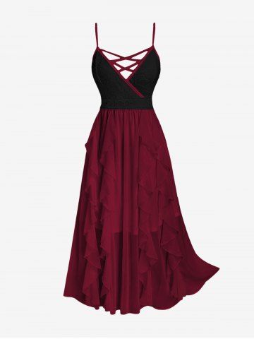 Plus Size Lace and Chiffon Ruffled Crisscross Maxi Sleeveless Wedding Dress - RED - 1X | US 14-16