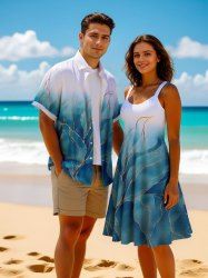 Tropical Leaf Ombre Sparkling Sequin 3D Print Plus Size Matching Hawaii Beach Outfit For Couples -  