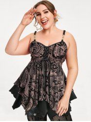Plus Size Floral Mesh Flocking Lace Up Layered Handkerchief Cami Top(Adjustable Shoulder Strap) -  