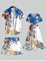 Colorful Octopus Sea Waves Print Plus Size Matching Hawaii Beach Outfit For Couples -  