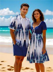 Tie Dye Ombre Light Wave Print Plus Size Matching Hawaii Beach Outfit For Couples -  