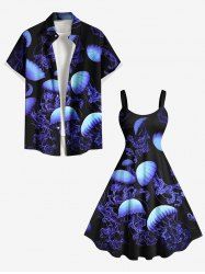 Tenue de plage assortie grande taille à imprimé méduses ombré, motif créatures marines hawaïennes, pour couples - Noir 