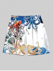 Plus Size Colorful Octopus Sea Print Hawaii Drawstring Beach Shorts For Men -  