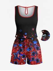 Combinaison grande taille à paillettes et imprimé drapeau américain patriotique avec cordon de serrage et poche - Noir 4X