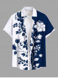 Chemise hawaïenne à boutons et poches, grande taille, imprimé floral bicolore, branches courbes, pour homme - Bleu 5XL