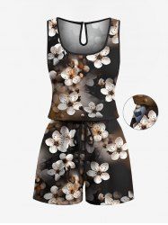 Combinaison hawaïenne grande taille à imprimé fleurs de pêcher ombré et cordon de serrage avec poches - Café profond S