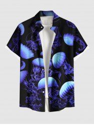 Plus Size Ombre Jellyfish Print Hawaii Sea Creatures Button Pocket Shirt For Men -  