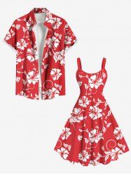 Tropical Leaf Hibiscus Flowers Print Plus Size Matching Hawaii Beach Outfit For Couples -  